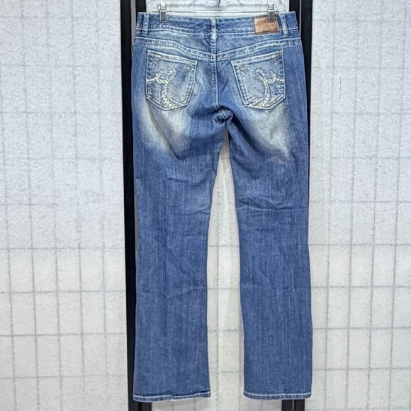 Maurices Low Rise Distressed Faded Flared Denim Jeans Medium Wash 11/12 L Bling - Picture 2 of 11